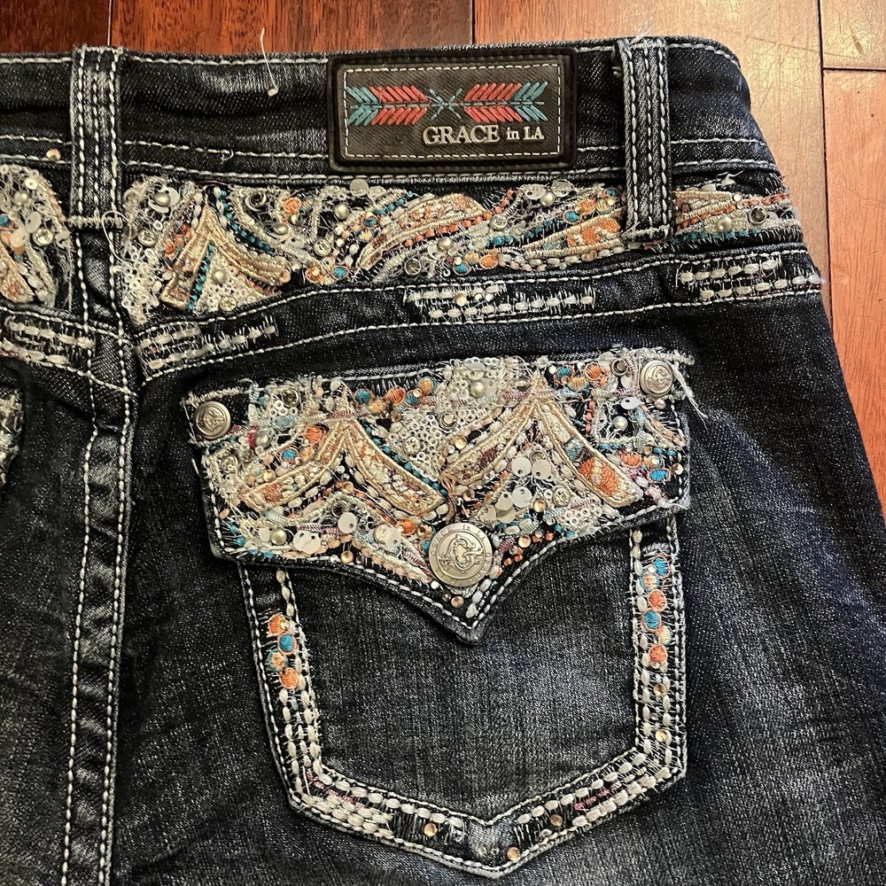 Grace in LA Jeans Womens 31 36x34 Blue Bootcut Rhinestones Western Embellished